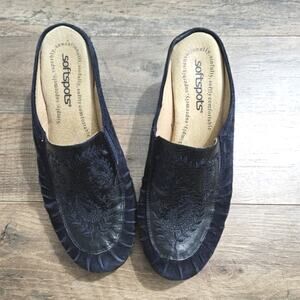 Softspots Womens Blue Suede Mules Slip On Size 6 Clogs Paisley Print Shoes